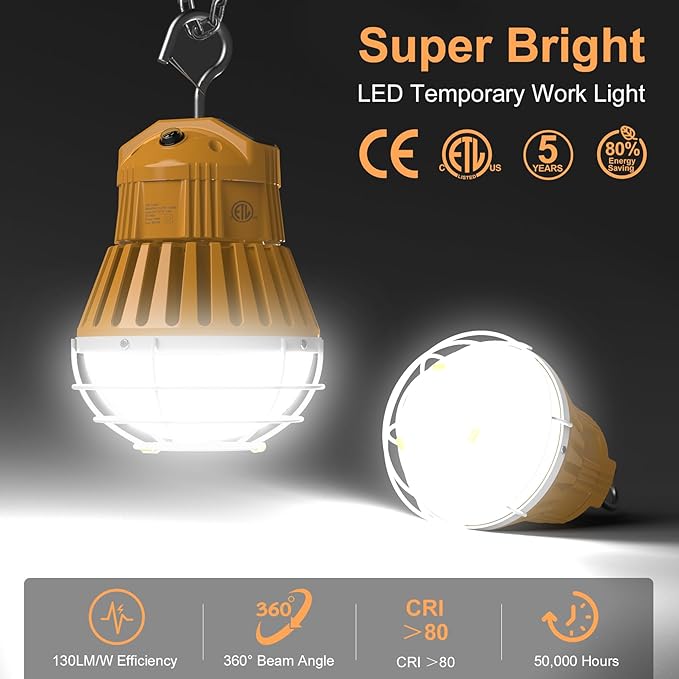 LED Temporary Work Light,48W/64W/80W Adjustable,4500K/5000K/5700K CCT Adjustable Construction Light with 10ft Cable Plug and Sturdy Hooks Linkable LED Work Job Site Lighting ETL Listed AC100-277V