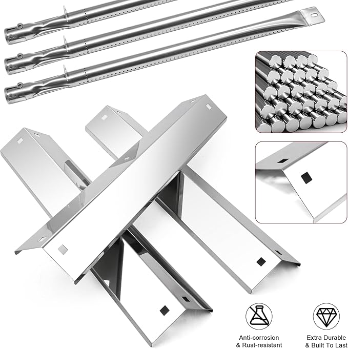 Hiorucet Grill Replacement Parts for Chargriller 5650, 5050, 3001, 5072, 3030, 3008, 4000, 5252, King-Griller 3008 5252 Gas Grills, Cast Iron Cooking Grates, Stainless Steel Heat Plates and Burner