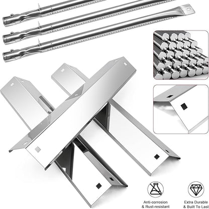 Hiorucet Grill Replacement Parts for Chargriller 5650, 5050, 3001, 5072, 3030, 3008, 4000, 5252, King-Griller 3008 5252 Gas Grills, Cast Iron Cooking Grates, Stainless Steel Heat Plates and Burner