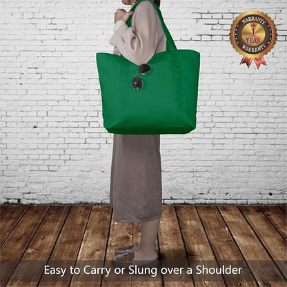 TOPDesign 6-Pack Canvas Tote Bags with an External Pocket, Reusable Grocery Shopping Bags, Top Zipper Closure, Daily Essentials (Green)