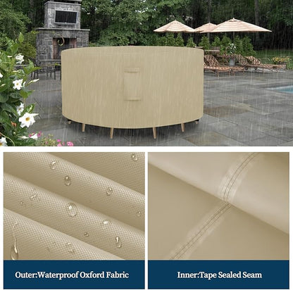 Easy-Going Round Patio Furniture Cover Waterproof Outdoor Dining Table and Chair Cover Anti-UV Outside Sectional Sofa Set Covers (84"DIA x 28"H, Camel)