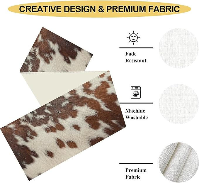 Cow Print Table Runner, Brown Cowhide Print Western Style Table Runner Country Farmhouse Cottage Cow Pattern Linen Table Decoration for Home Kitchen Dining 13x36