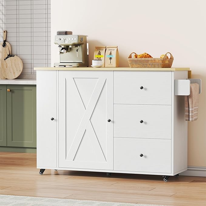 IRONCK Kitchen Island with Storage, 47.2in Rolling Island on Wheels, Kitchen Cart with Drop Leaf, 3 Spacious Drawers, Storage Cabinets and Towel Rack for Home, Dining Room