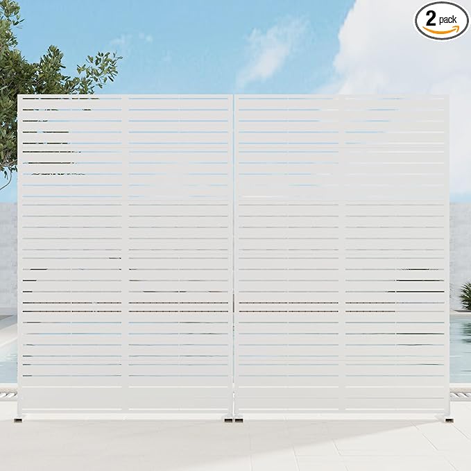 Casaphoria 72" H x 45" W Metal Privacy Screen, 2 Pack Outdoor Freestanding Decorative Divider for Patio & Garden with Stable Base, White-Louvered