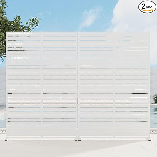 Casaphoria 72" H x 45" W Metal Privacy Screen, 2 Pack Outdoor Freestanding Decorative Divider for Patio & Garden with Stable Base, White-Louvered