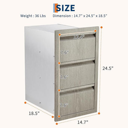 Stainless Steel Outdoor Kitchen Triple Drawers 14.7" W x 18.5" D x 24.5" H - Heavy Duty with Handles, Weather-Resistant Flush Mount for BBQ Island, Patio Grill & Outdoor Cooking Space
