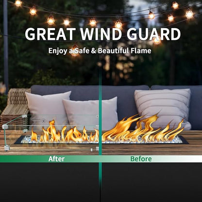 Fire Pit Wind Guard - 41.5" x 11.5" x 6" Rectangular for Outdoor Fire Pit Table, Thick & Durable Tempered Glass w/Hard Aluminum Corner Brackets, Quick Assembly