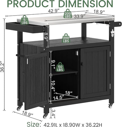 Weatherproof HIPS Outdoor Kitchen Island with Stainless Steel Top & Storage Cabinet, Movable Prep Table with Wheels for BBQ Food Prep, Outdoor Grill Cart for Parties, Black