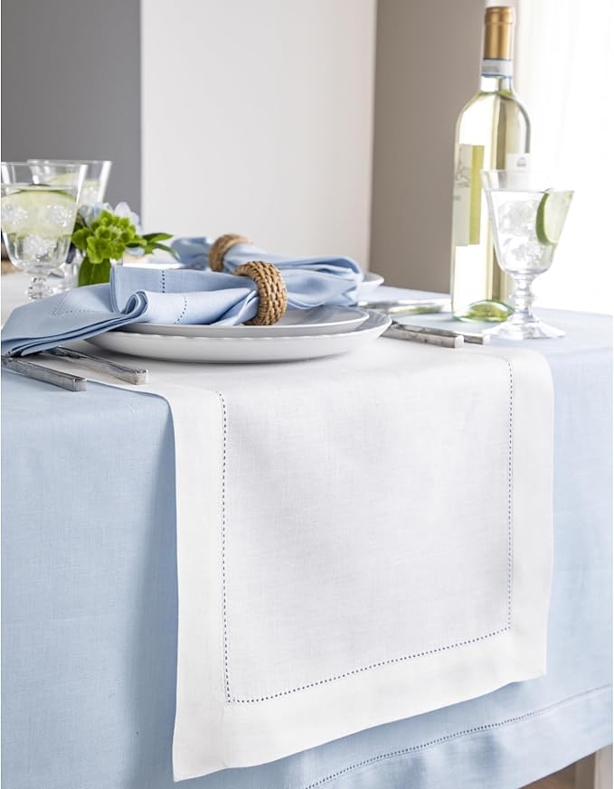 Solino Home Linen White Table Runner 144 Inches Long - 100% Pure Linen Extra Long Table Runner 14 x 144 Inch for Valentines, Spring, Easter - Classic Hemstitch