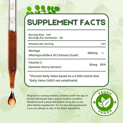 Moringa Leaf Drops with Vitamin C, Moringa Oleifera Extract Liquid Drops for Immunity Support,Antioxidant,Overall Health & Energy,Vegan Herbal Supplement 4 fl oz