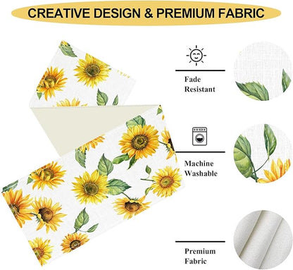 Sunfloral Table Runner, Summer Spring Seasonal Watercolor Sunshine Yellow Floral Sunflower Decorations Rustic Farmhouse Table Center Decor for Home Kitchen Dining Patio Indoor Outdoor, 13"x36" Inch