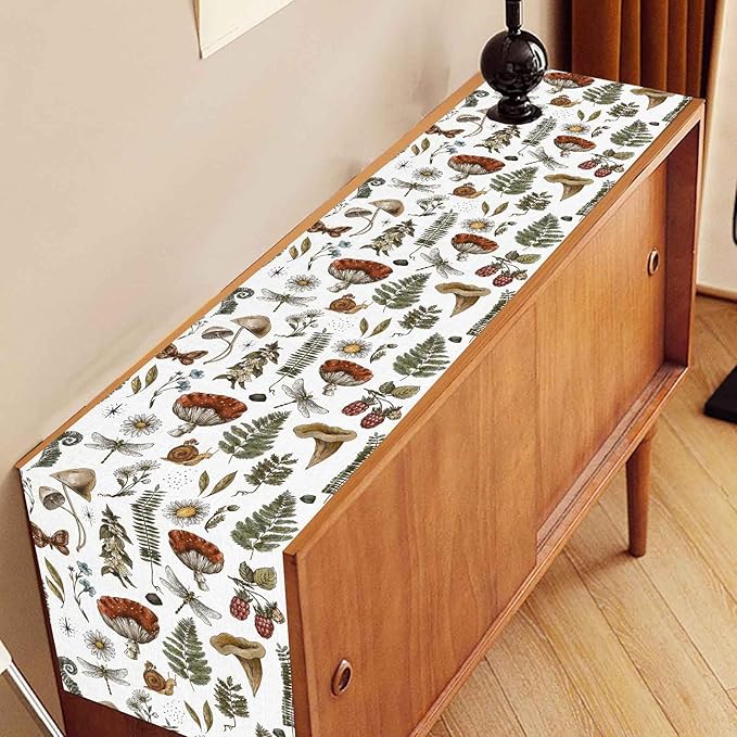 Mushroom Table Runner, Rustic Farmhouse Forest Plants Botanical Country Coffee Table Center Decor for Home Kitchen Dining Patio Holiday Party Indoor Outdoor Table Decorations, 13"x36" Inch