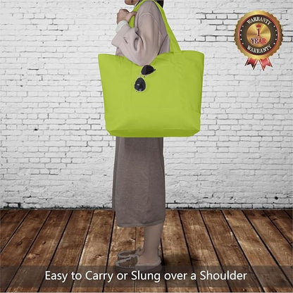 TOPDesign 1-Pack Canvas Tote Bag with an External Pocket, Reusable Grocery Shopping Bag, Top Zipper Closure, Daily Essentials (Light Green)