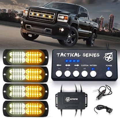 Xprite Surface Mount Strobe Lights Kit with Control Panel, Amber White Grill Grille Side Marker Flashing Emergency Warning Light for Trucks Vehicles ATV RV Cars Van 4PCS