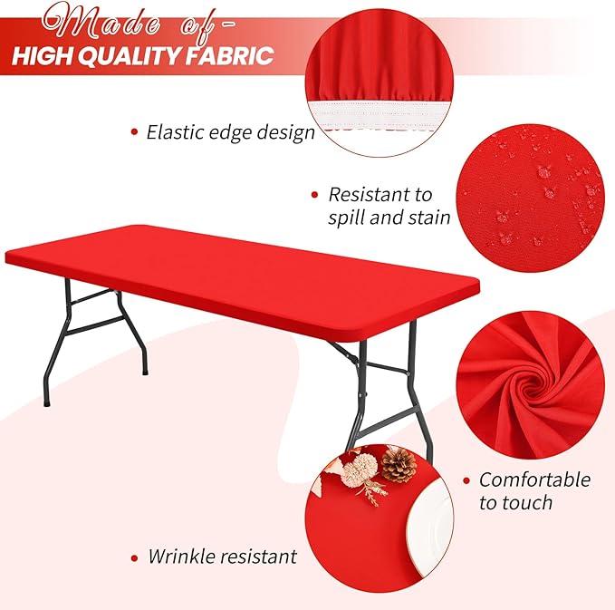 10 Pack Stretch Fabric Table Top Cap Cover, Red Table Covers fits 8Ft Tables, Washable Elastic Universal Rectangle Tablecloth Protector for Indoor Outdoor Party Picnic Wedding (30" W x 96" L)