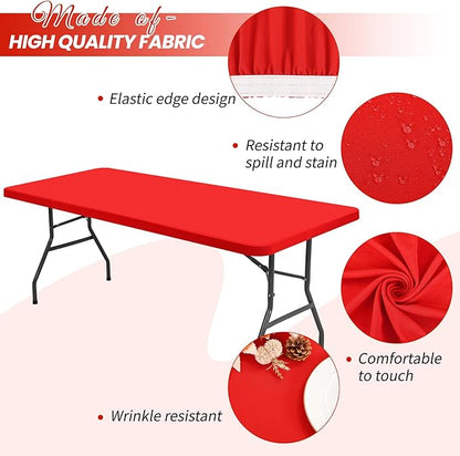 6 Pack Stretch Fabric Table Top Cap Cover, Red Table Covers fits 8Ft Tables, Washable Elastic Universal Rectangle Tablecloth Protector for Indoor Outdoor Party Picnic Wedding (30" W x 96" L)
