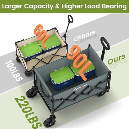 Collapsible Wagon with Wheels, 220 lbs Wagons Carts Foldable Wagon Cart with Flexible Handle, Lightweight Portable Folding Utility Grocery Shopping Cart for Grocery Sports Garden Camping, Gray
