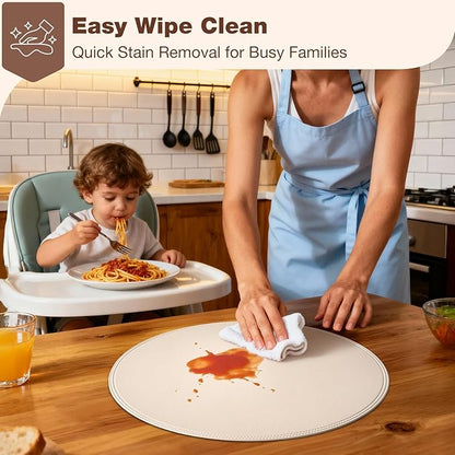 Round Vinyl Beige Placemats Set of 6, Faux Leather Waterproof Wipeable Heat Resistant Place Mats, Washable Table Mats for Halloween, Thanksgiving & Christmas Dinner (Beige)