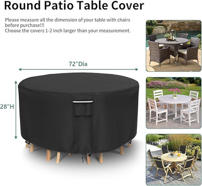 Round Patio Furniture Covers, 500D Heavy Duty Waterproof UV Resistant Cover for Round Outdoor Dining Table & Chairs,72" Dia x 28" H -Black