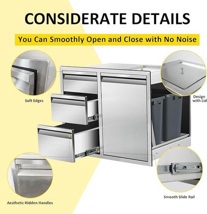 Outdoor Kitchen Door Drawer Combo Cabinet 28" W x 22" H x 19.5" D Stainless Steel Built-in Triple Drawers&Right Trash Drawer Combo Cabinet for Outdoor Kitchen Island, Patio Grill Station