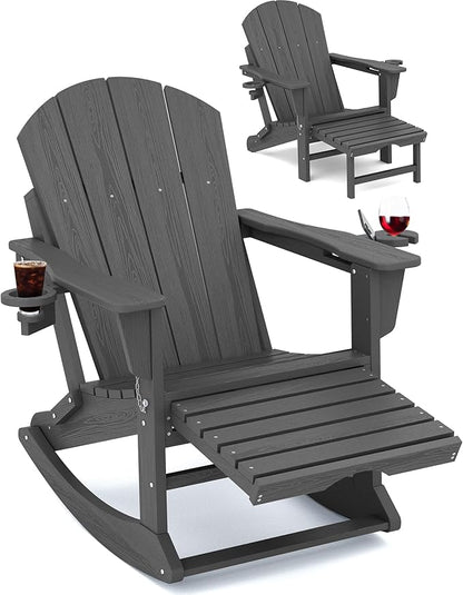Adirondack Rocking Chair with Ottoman and Cup Holders | HDPE Porch Rocker by KINGYES