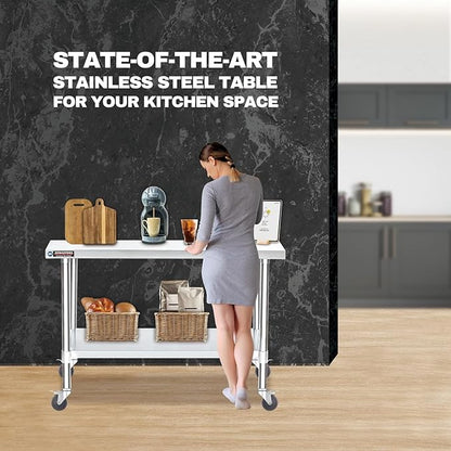 DuraSteel 30x60 NSF Stainless Steel Cart Work Table - Heavy Duty Rolling Food Prep Table Countertop Island - Metal Utility Cart on Wheels Caster, Grill Stand Storage Outdoor Kitchen Tables Bar Top