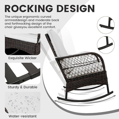 3pcs Modern PE Wicker Outdoor Rocking Chairs & Glass Table Set - Image 4