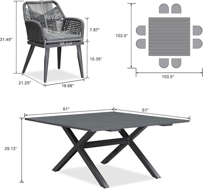 PURPLE LEAF 9 Pieces Outdoor Dining Set All-Weather PE Rattan Outdoor Patio Furniture Set with All Aluminum Frame Square Table and Chairs Set for Lawn Garden Backyard Deck, Grey