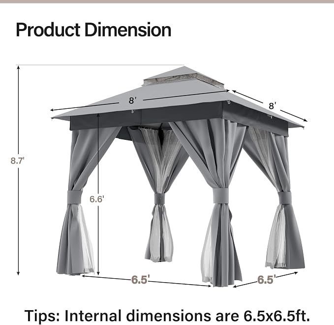 8'x8' Outdoor Gazebo, Metal Frame Heavy Duty Patio Canopy Tent Shelter - Image 5