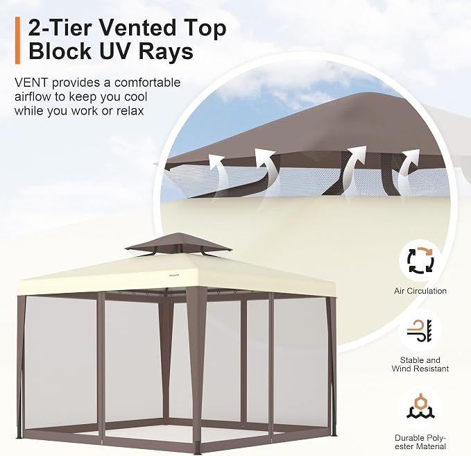10’x10’ Patio Gazebo Canopy Tent w/Removable Netting, Ventilated Double-tier Top - Image 2