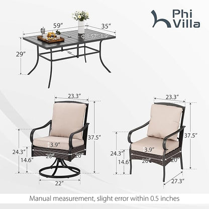 PHI VILLA Outdoor Dining Set for 6, Outdoor Table and Chairs Set for 6, 4 Extra Large Dining Chairs & 2 Swivel Chairs, Rectangular Metal Slat Dining Table for Deck, Backyard and Garden