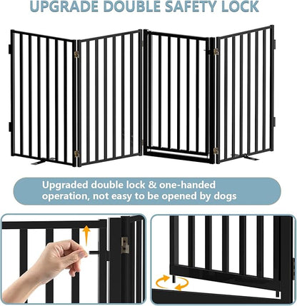 Full Metal Freestanding Dog Gates with Door, 32" Height Dog Fences for Indoor & Outdoor, Extra Wide Foldable Pet Gates for Stairs, Hallways, Doorways, Yard (4 Panels, 80" W × 32" H)
