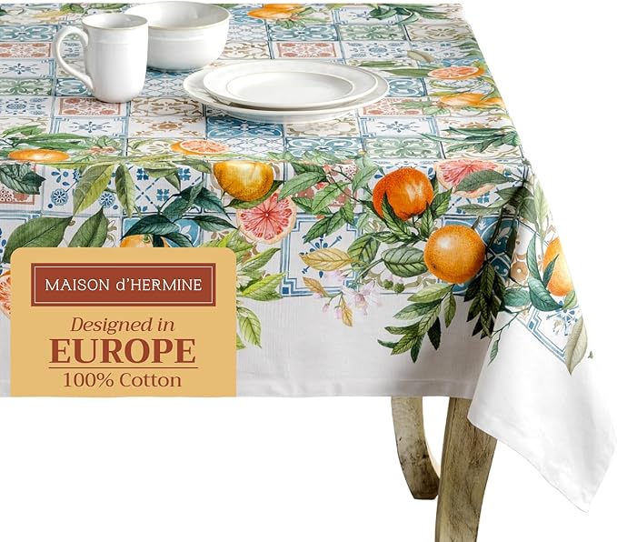 Maison d' Hermine Table Cloth Rectangle Table 100% Cotton 60 x 120 Inches Tablecloth Reusable Decorative Everyday Use for Dining Room, Farmhouse, Home, Party, Festive & Wedding Spring Summer - Agrume