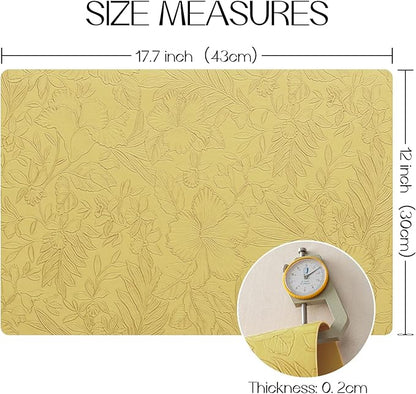 Romanstile Vinyl Placemats Set of 8-12 X 18 Inch - Heat Resistant Non-Slip Embossed Floral Place Mats 100% Waterproof Oilproof Wipeable Faux Leather Table Mats for Kitchen/Dining/Party, Yellow