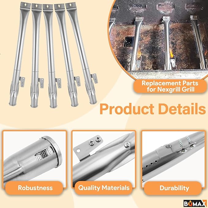 BQMAX Grill Parts for Nexgrill 5 Burner Gas Grill 720-0888 720-0888A 720-0888N, Cooking Grate, Heat Plates Shield and Burner for Nexgrill 5 Burner Replacement Parts for 720-0888 Nexgrill Parts