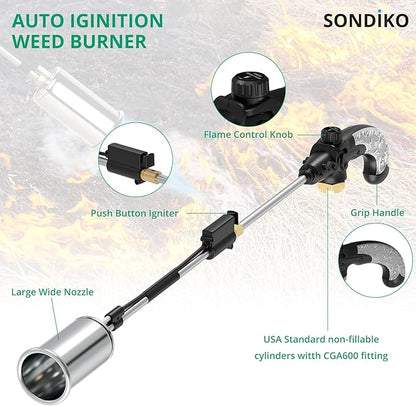 Sondiko Propane Torch Weed Burner, High Output Weed Torch Flamethrower, 30" Detachable Long Arm Heavy Duty Blow Torch For Garden, Wood, Ice, Snow, Melting(PROPANE TANK NOT INCLUDED)