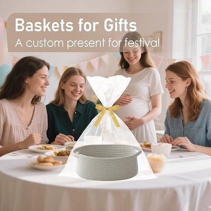 Woven Basket,Small Rope Storage Bin with Handles & Ribbon Bag, Organizer for Shelves Closets,Gift Basket Empty for Birthday,Books,Dog Toys, Grey/2 Pack