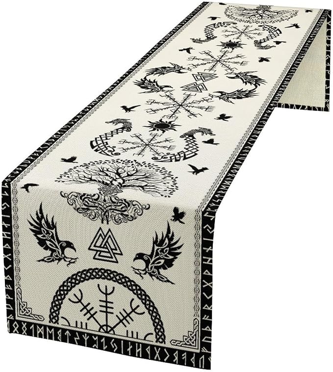Viking Tree of Life Table Runner, Raven Helmet of Awe Seasonal Table Runner for Kitchen Dining Home Party 13x120in