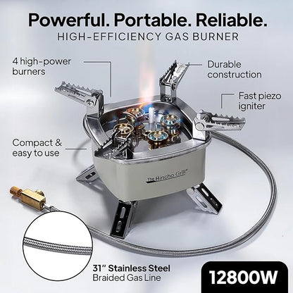 The Bincho Grill Charcoal Starter Gas Burner – 12,800W High Heat Mini Stove with 4 Heads – For Chimneys to Light Binchotan & BBQ Charcoal – Portable Propane/Butane Camping Stove with Piezo Ignition