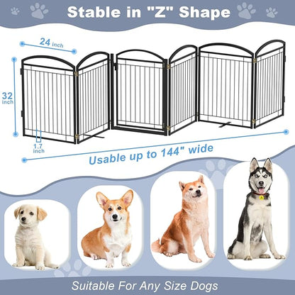 Full Metal Free Standing Dog Gate with Door for Indoor Barriers,144'' Extra Wide 32'' Tall Dog Gate for Doorways,Large Openings,Decks,Freestanding Portable Pet Fence(6 Panels,Black)