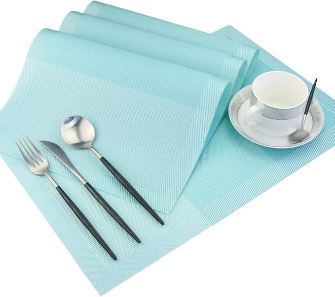 PIGCHCY Placemats Non-Slip Plastic Easy to Clean Woven Vinyl Placemats for Dining Table 18x12 Inches Washable Table Mats Set of 6 (Turquoise)