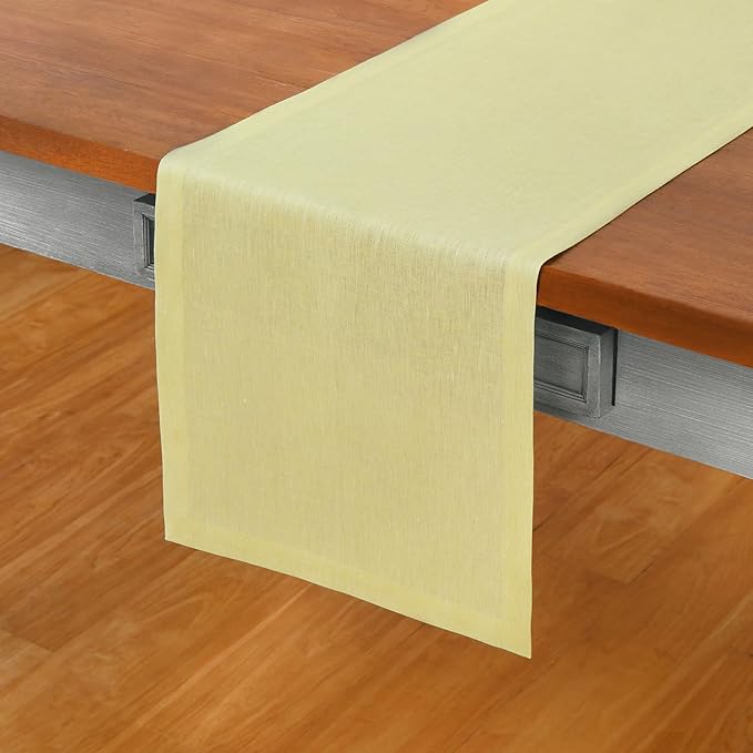 Solino Home Linen Small Table Runner 60 Inches - Athena, 100% Pure Linen Chambray Yellow Table Runner 14 x 60 Inch Ideal for Dresser and Coffee Tables, Spring, Easter