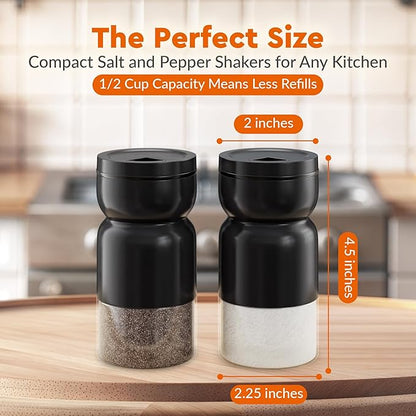 HOME EC Original Salt and Pepper Shakers Set with Adjustable Pour Holes - Black Salt Shaker and Pepper Shaker - Farmhouse Spice dispenser for salts, Ground peppercorn and spices