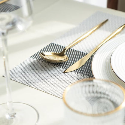 Placemats Set of 6 Vinyl/Plastic Woven Place Mats for Kitchen Table Indoor/Outdoor Washable Placemat Wipeable Dining Table Mats (Silver Cube,6)