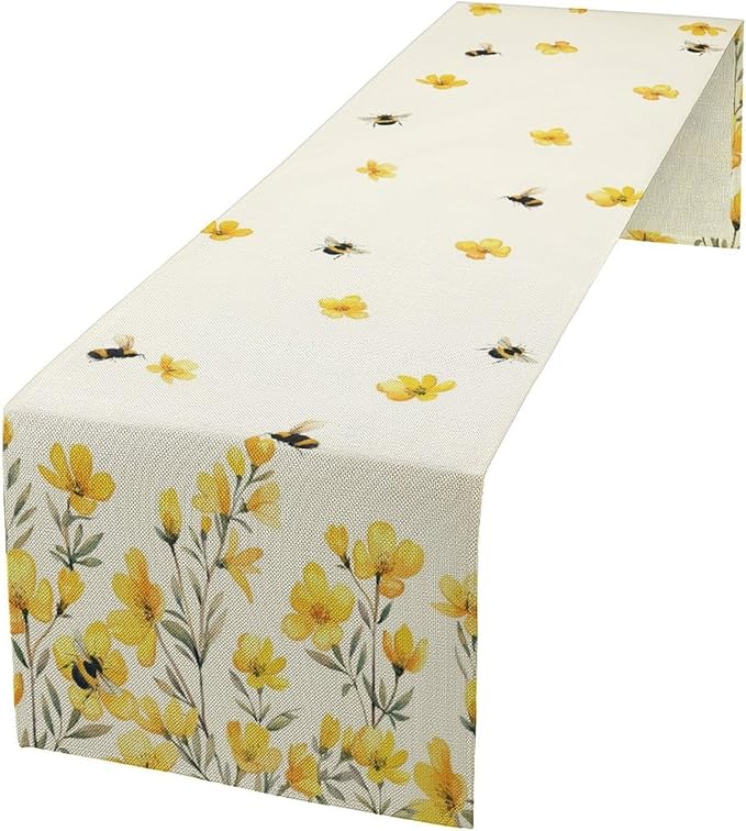 Yellow Wild Flowers Table Runner, Rustic Farmhouse Watercolor Daisy Floral Branches Bees Print Table Runner for Kitchen Dining Room Party Picnic Table Decor, 13x120inch