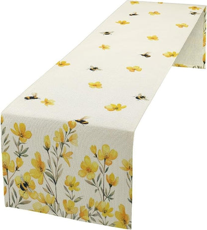Yellow Wild Flowers Table Runner, Rustic Farmhouse Watercolor Daisy Floral Branches Bees Print Table Runner for Kitchen Dining Room Party Picnic Table Decor, 13x70inch