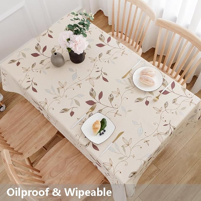 TruDelve Heavy Duty Vinyl Tablecloth Beige Plastic Table Cloth Waterproof Wipeable Oilcloth Plastic Tablecloths for Rectangle Tables (54'' x 84'', Leaves)