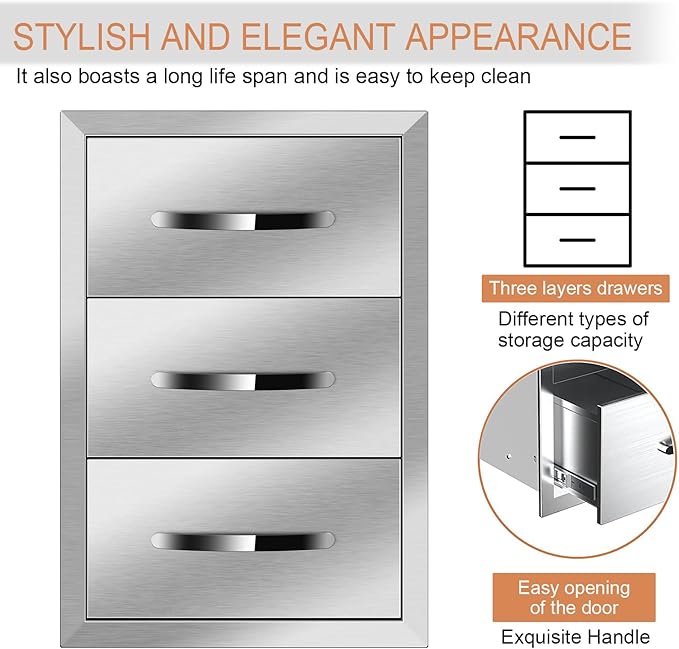 Pull Out Trash Drawer, Lower Sliding Rails Stainless Steel Roll Out Trash Bin Pull Out Tray With Handle For Outdoor Kitchen BBQ Island Grill Station,Three Drawers