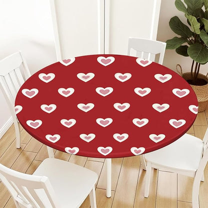 Valentines Day Round Fitted Tablecloth with Elastic Red Pink Heart Circle Table Cloth for 36-40" Round Tables Wipeable Waterproof Washable Burgundy Valentine Table Cover for Picnic Dining Party Decor