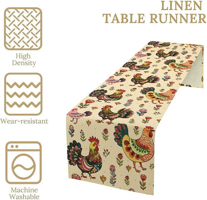 Rustic Farm Animal Table Runner, Vintage Rooster Boho Flowers Table Runner for Kitchen Dining Holiday Home Party 13x70in